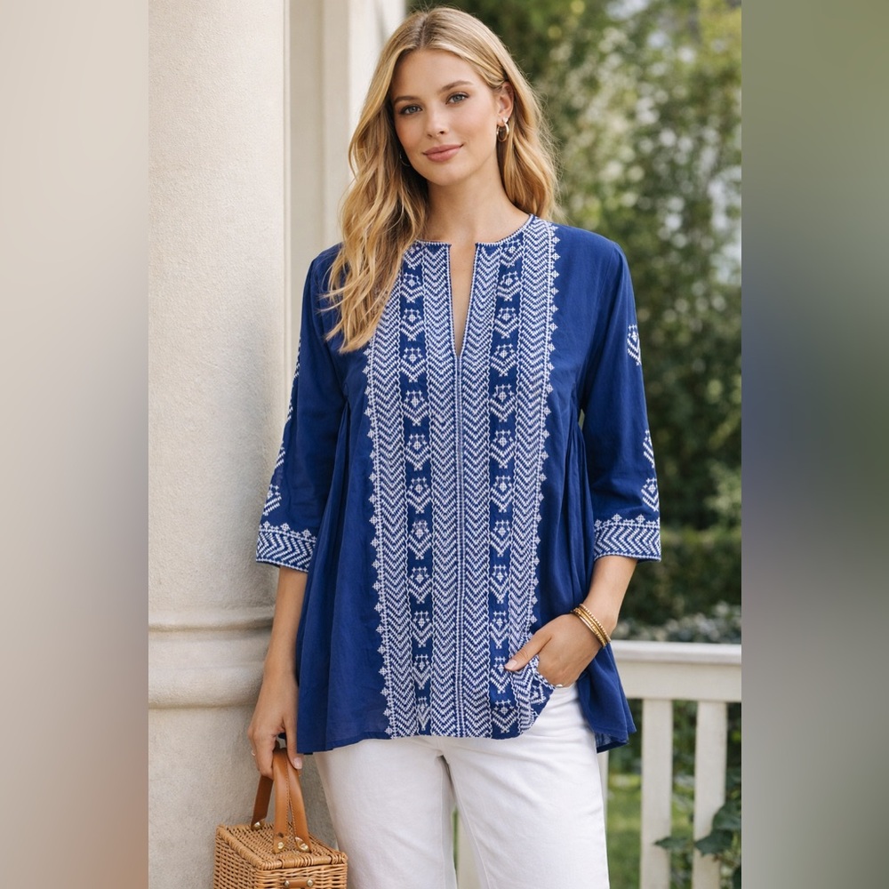 ROLLER RABBIT Blue White Embroidered Cotton Tunic Top Size XS